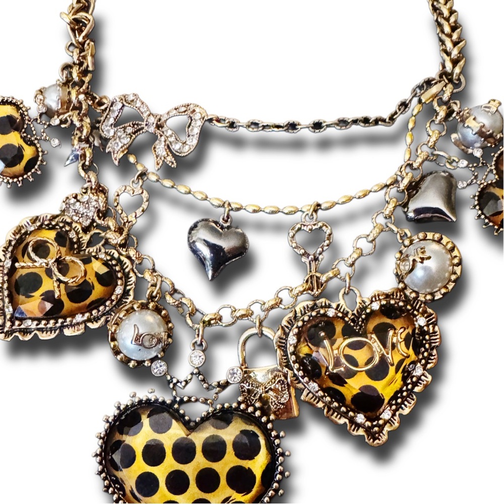 Vintage Betsey Johnson Lucite Heart & Locks Polka Dot Multi charm necklace - Picture 3 of 12